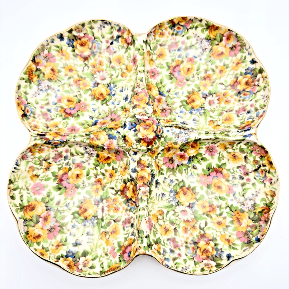 Vintage Chintz Windsor E & R Erphila 4 Section Serving Dish Czechoslovakia